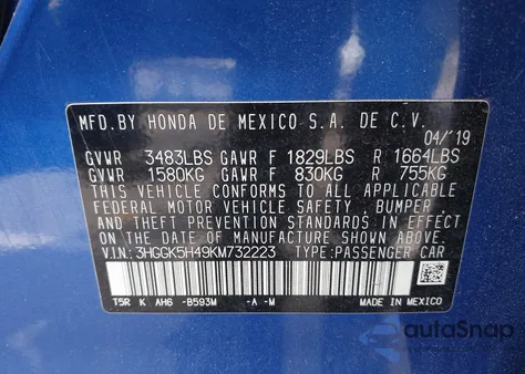 2019 Honda Fit Lx from USA, damaged, VIN 3HGGK5H49KM732223